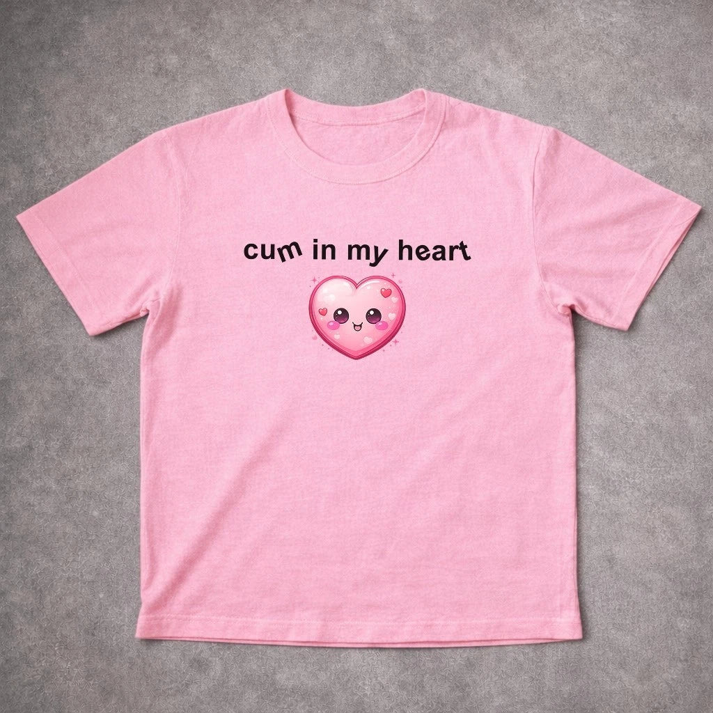 Funny "Cum In My Heart" T-Shirt Grey Adult Humor Heart Graphic Meme Tee