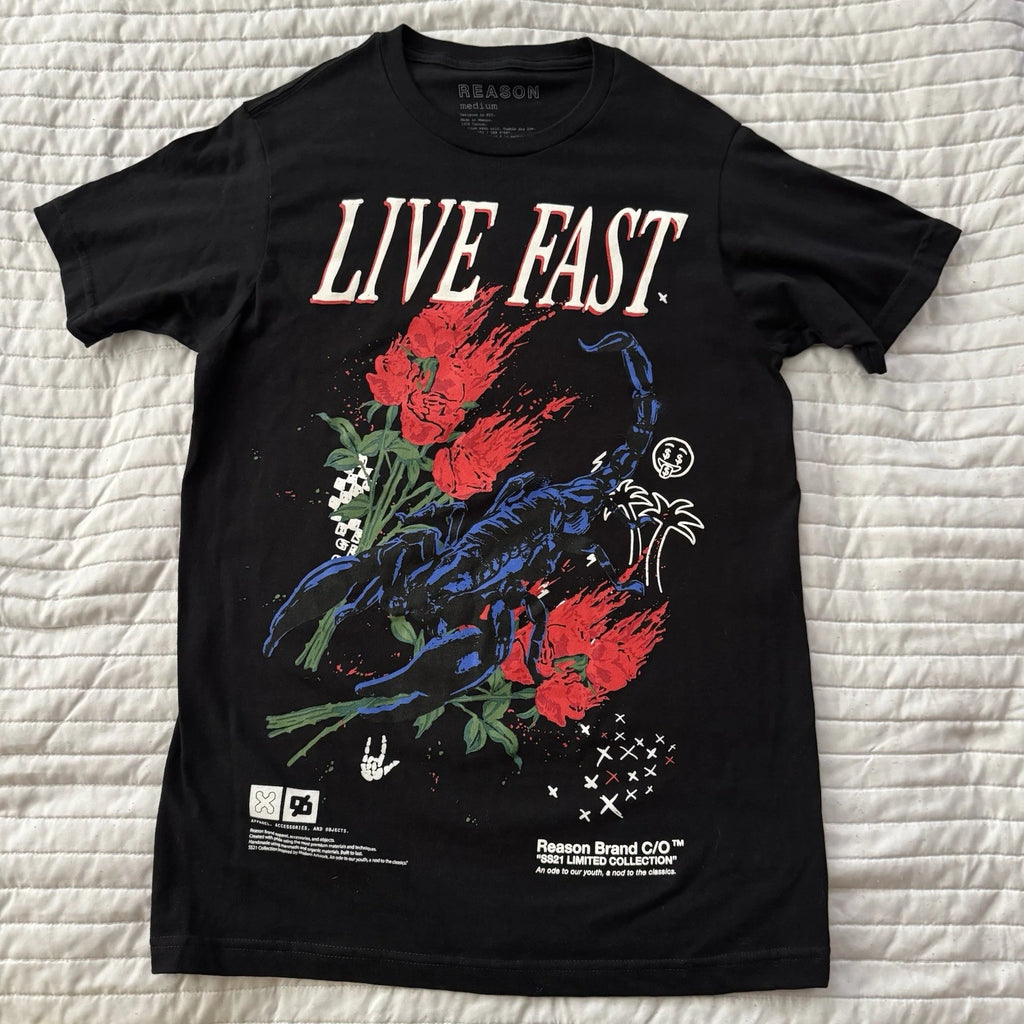 Reason Clothing Live Fast Graphic T-Shirt Black Size Medium Streetwear Tee