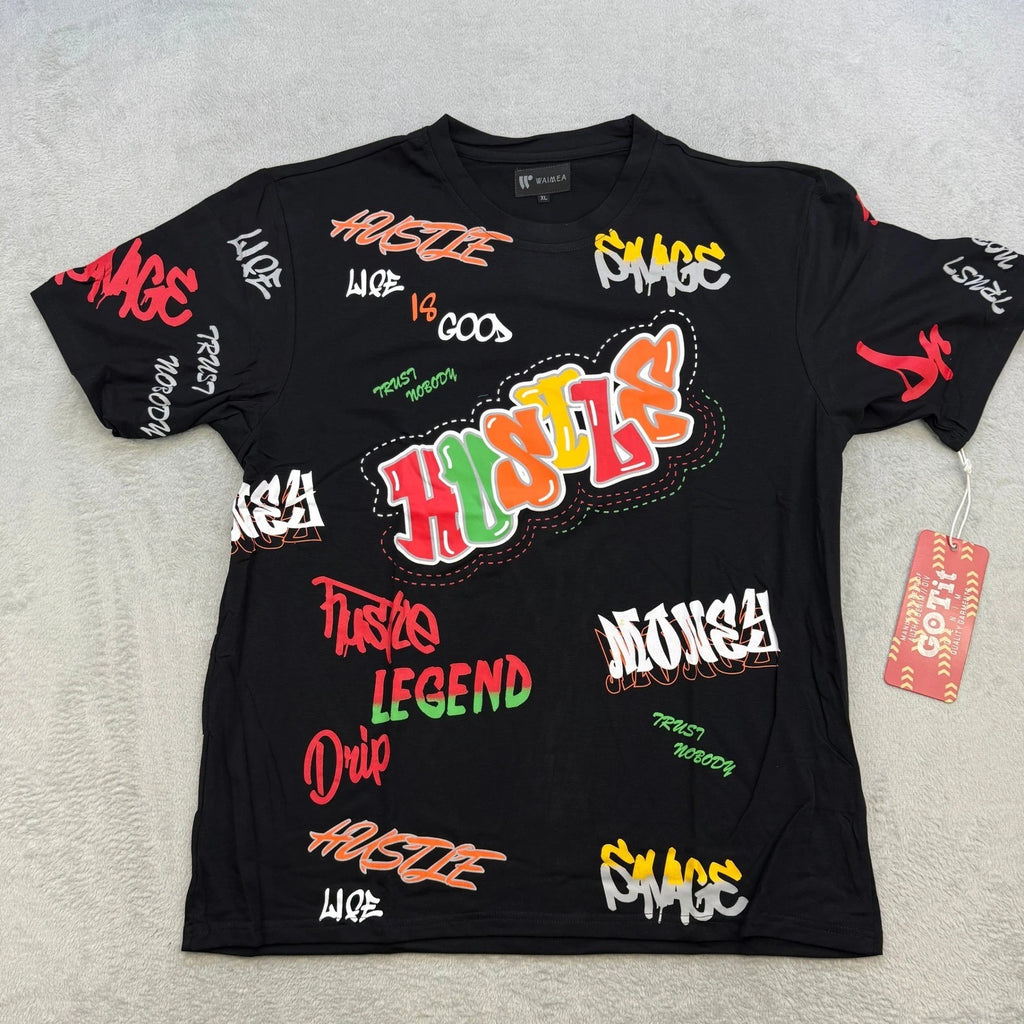 Waimea Graphic T Shirt Mens XL Black Hustle Savage Graffiti All Over Print New