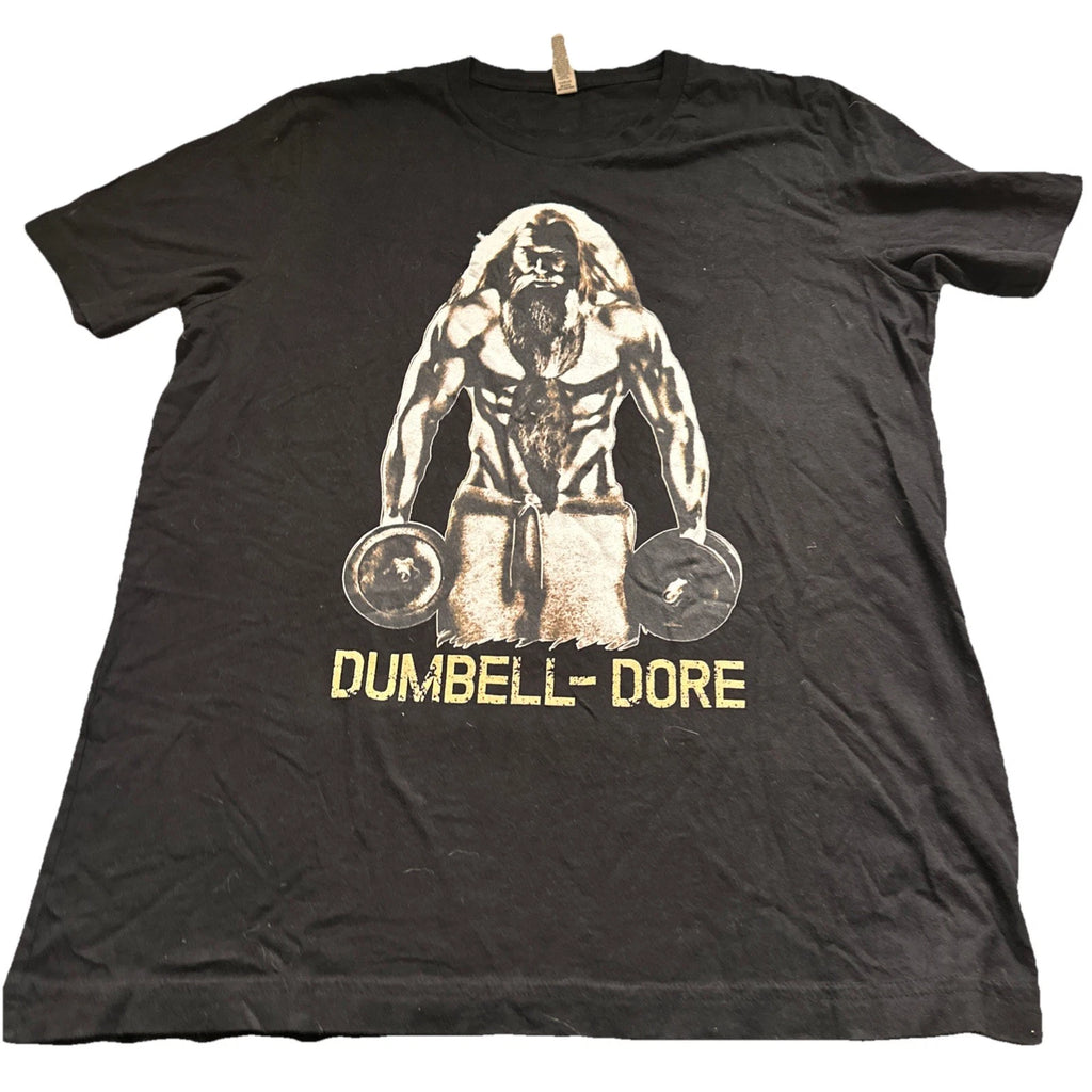 Canvas T-Shirt Men's Size Large Black ‘Dumbell-Dore’ Short-Sleeve Round Crewneck