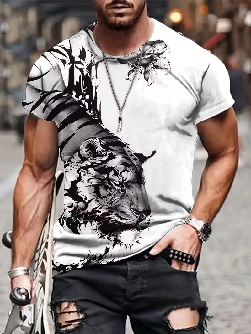 Mens T Shirt Fashion Black Tiger Casual White Short Sleeve Novelty Trendy Tee