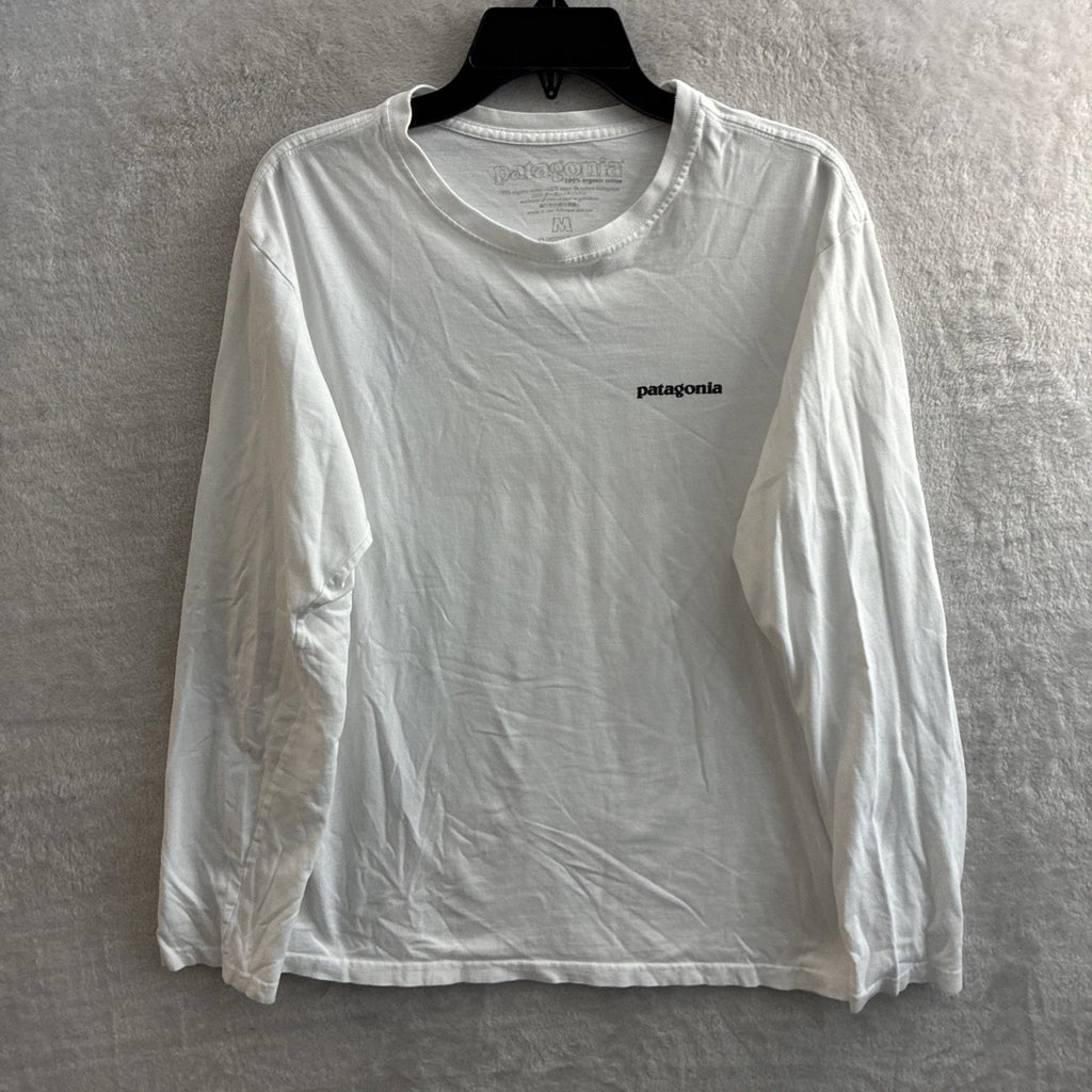 Patagonia Mens T Shirt White Graphic Back Medium Cotton Long Sleeve Crew Neck