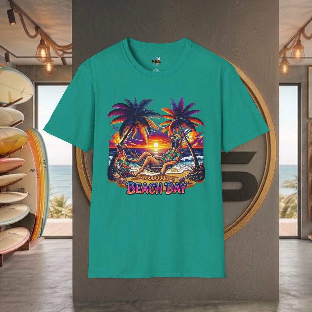 Cool Great Dane Dog Sunglass Sunset Beach Day Surf Unisex SoftStyle T-Shirt