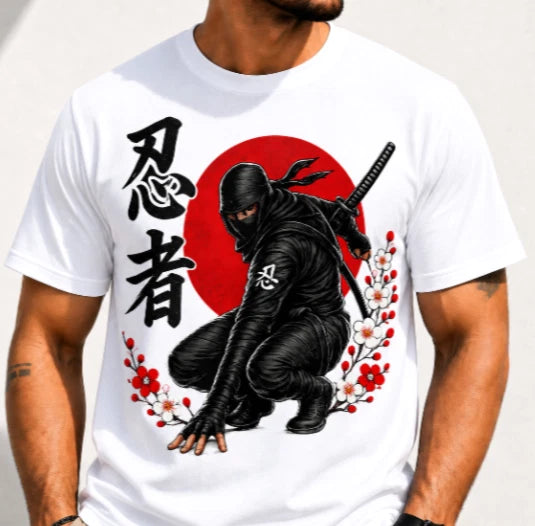 Ninja Shinobi Japanese Kanji Graphic T-Shirt - White Streetwear Anime Style