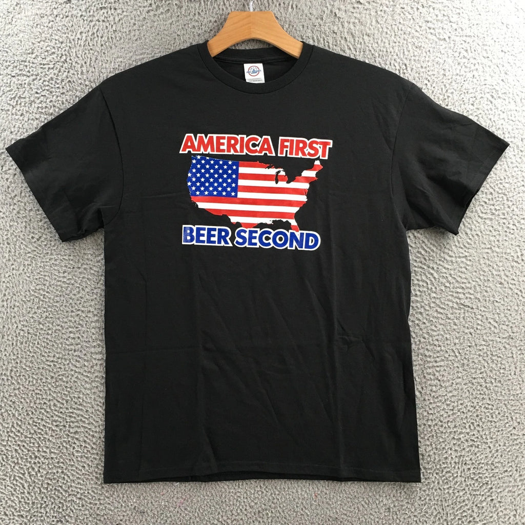 Delta Pro Weight AMERICA FIRST BEER SECONDS Tee Shirt Mens L Black Crew Neck