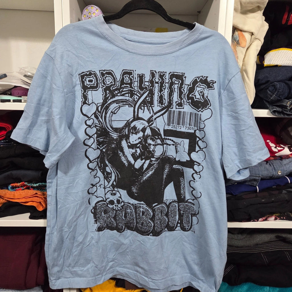 Praying Rabbit Mens Graphic T-Shirt Light Blue Anime Bunny Streetwear Large L