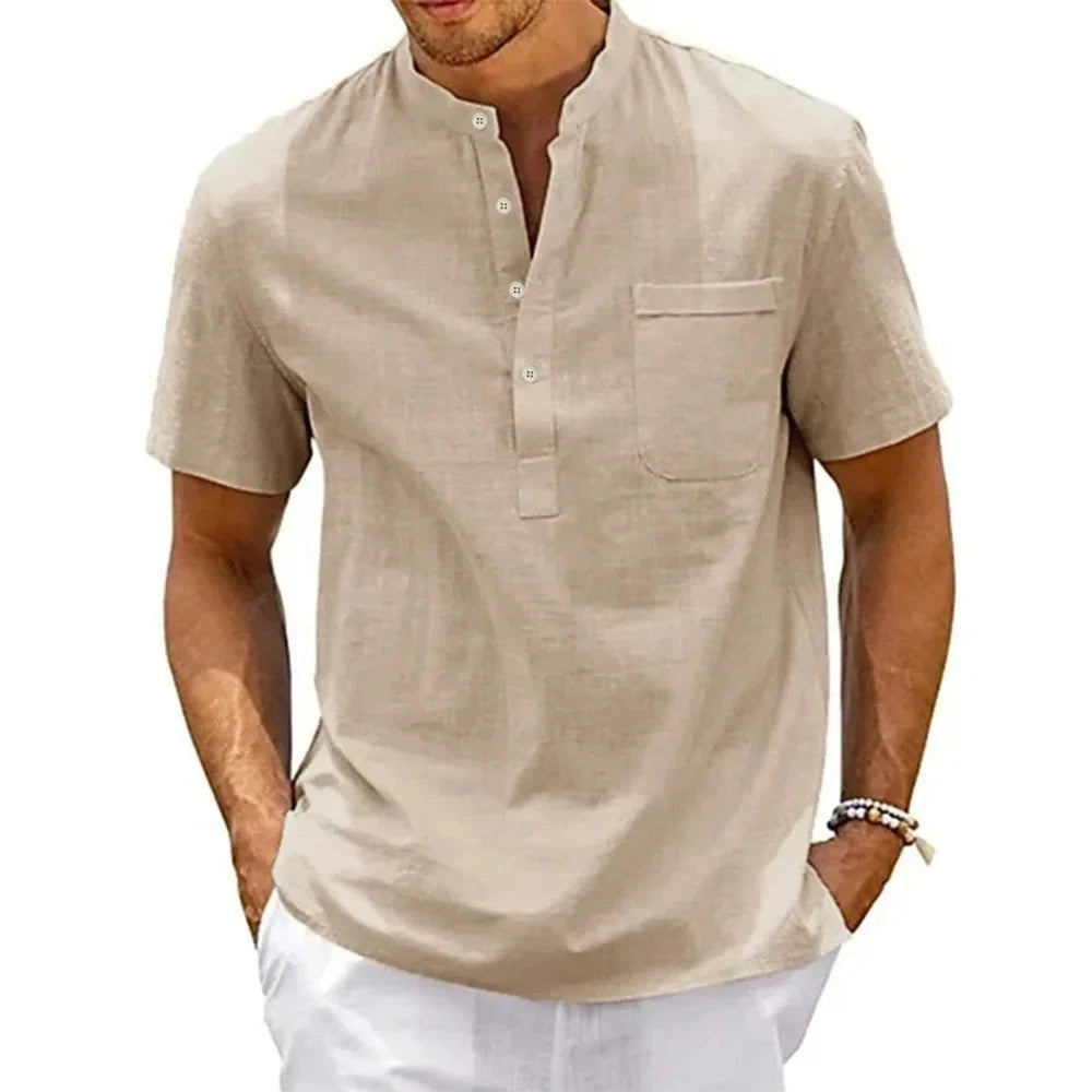 Men's Cotton Linen Shirt - Henley Neck Short Sleeve Pocket Casual Beach Top