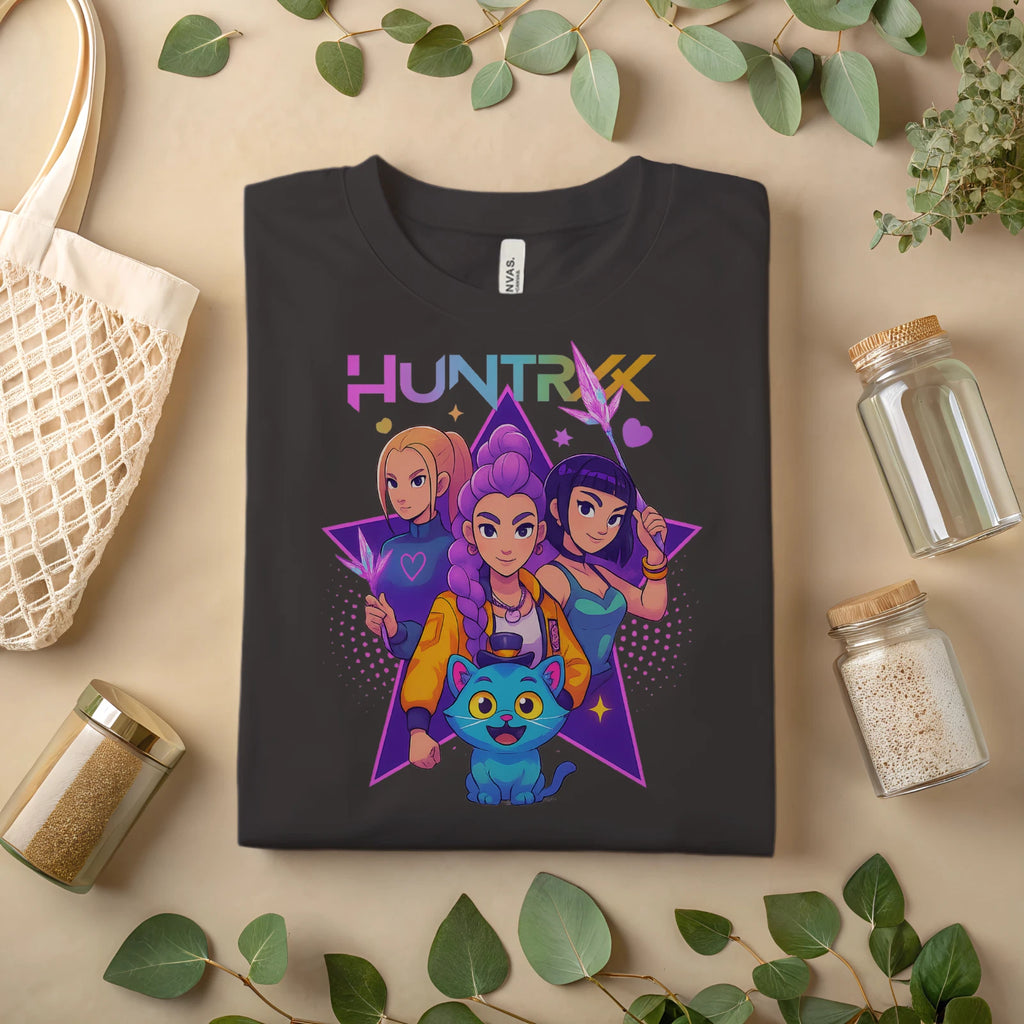 HUNTRX Anime Graphic T-Shirt – Cute KPOP Inspired Cartoon Girls & Cat Tee A275