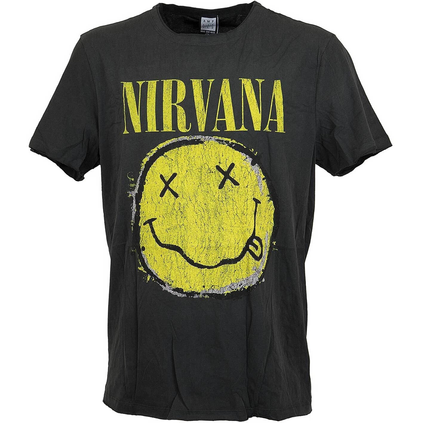 Amplified Nirvana Worn Out Smiley Logo Mens Charcoal T Shirt Nirvana Classic Tee