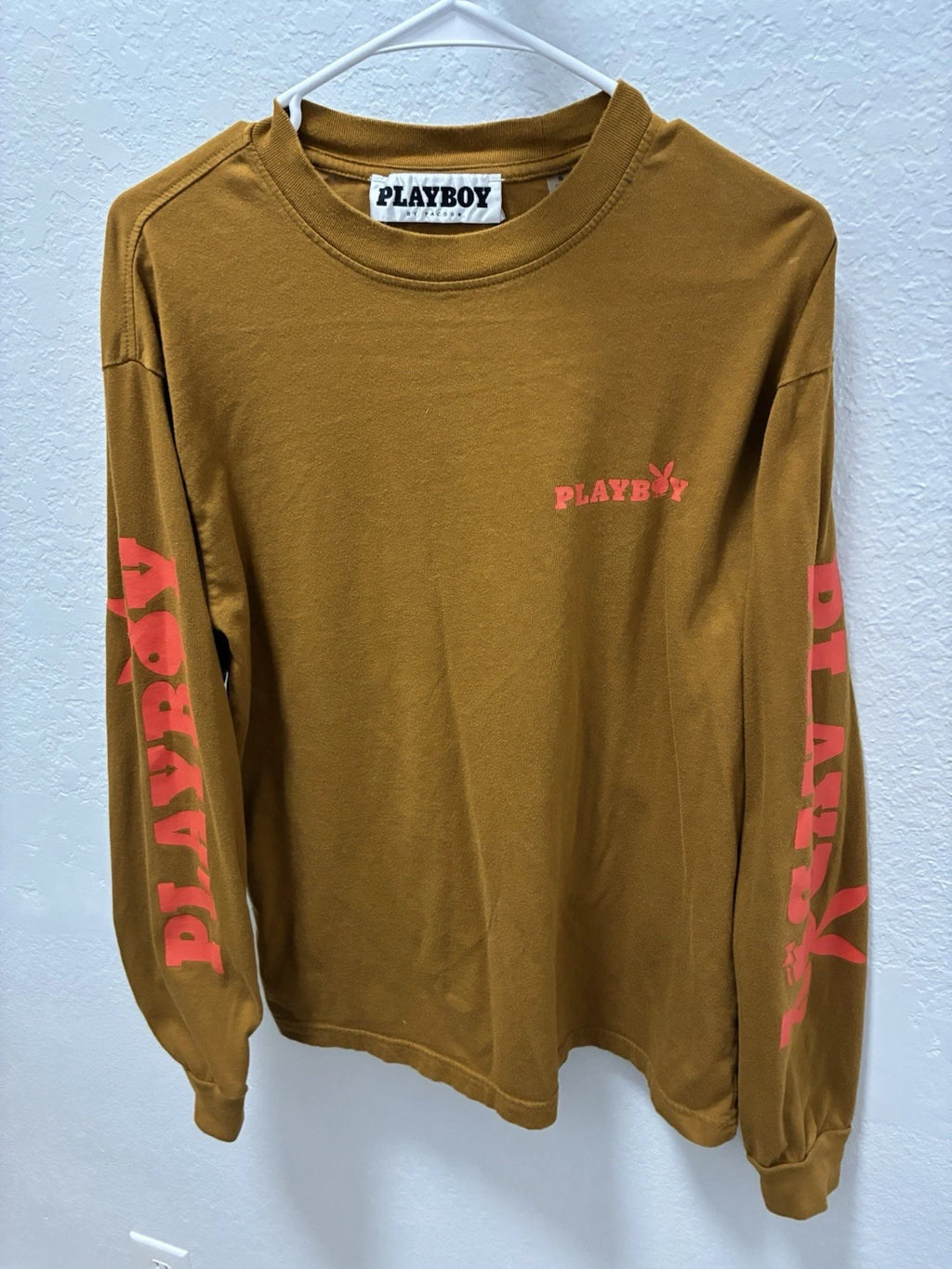 Brown Stylish Playboy By PacSun Logo Long Sleeve Streetwear T Shirt Small