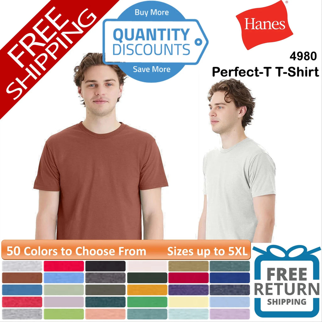 🔥 Hanes Perfect-T T-Shirt Cotton & Blends Short Sleeve Up To 5XL 4980 a