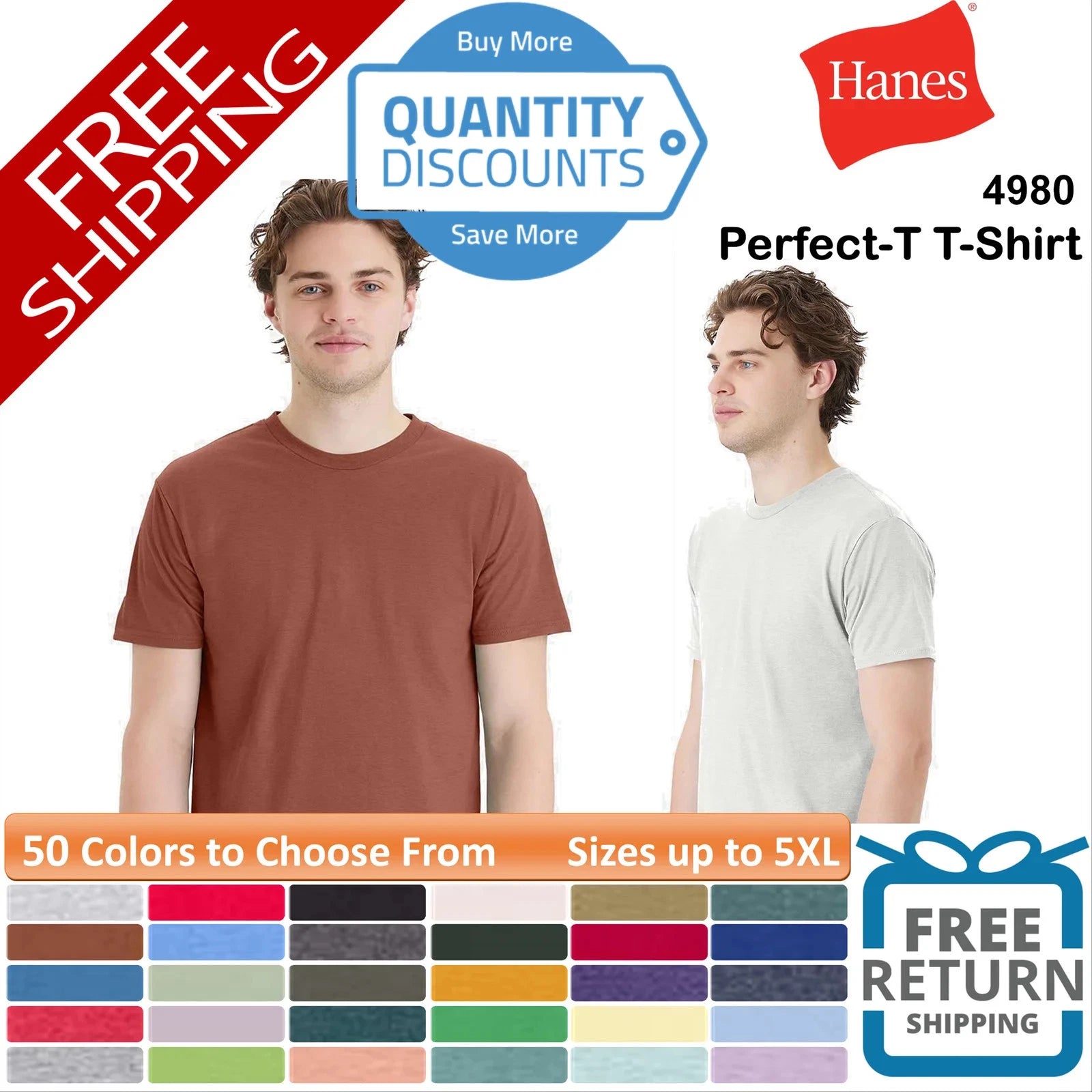 🔥 Hanes Perfect-T T-Shirt Cotton & Blends Short Sleeve Up To 5XL 4980 a