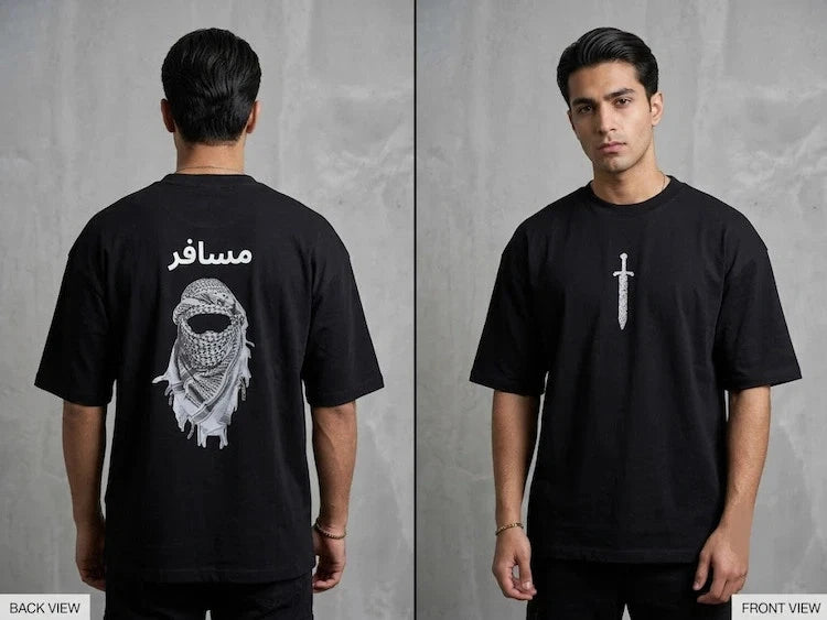Premium Musafir & Al-Zaman Arabic Calligraphy Black Drop Shoulder T-Shirt