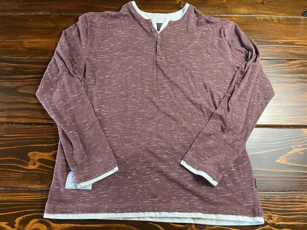 Zimego Shirt Men's Size XL Burgundy Gray Heather Long Sleeve Round Henley Tee