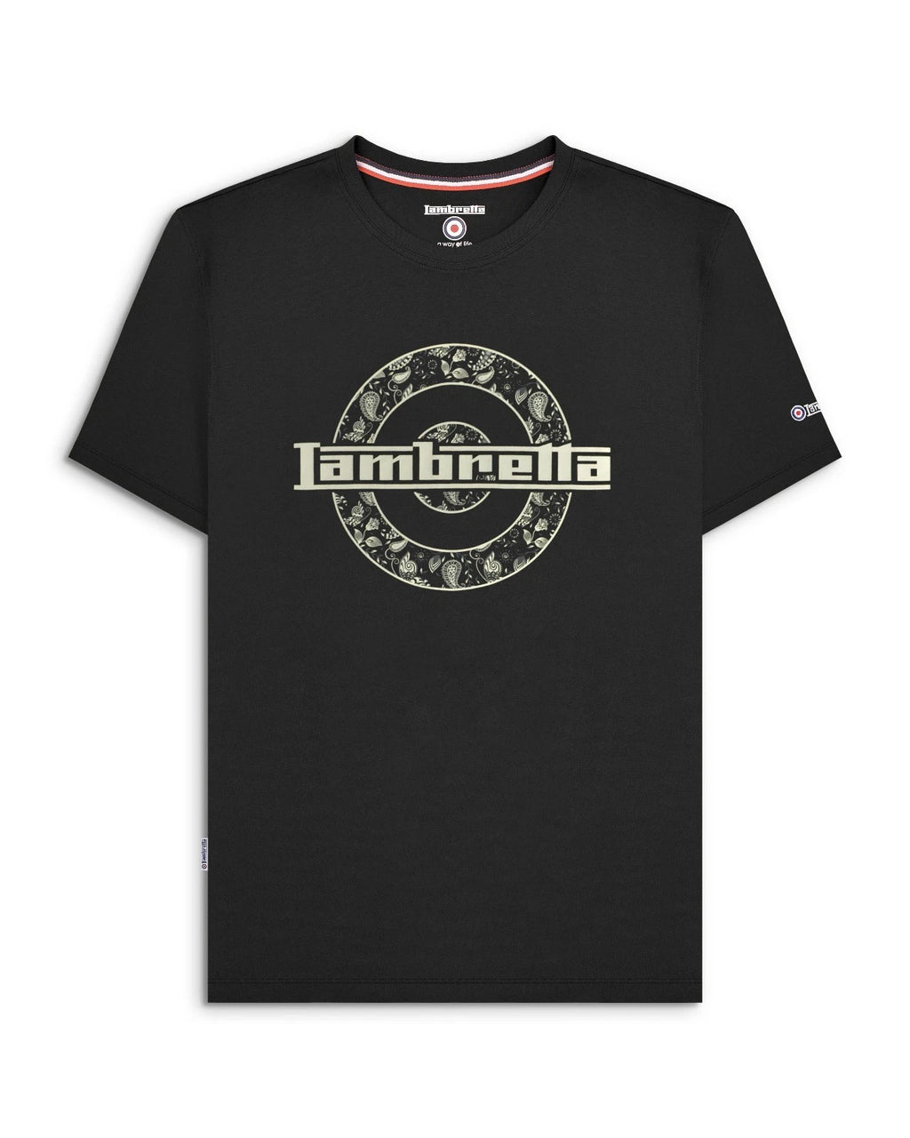 Lambretta Mens Black Paisley Target Logo Smart Classic Retro T-Shirt