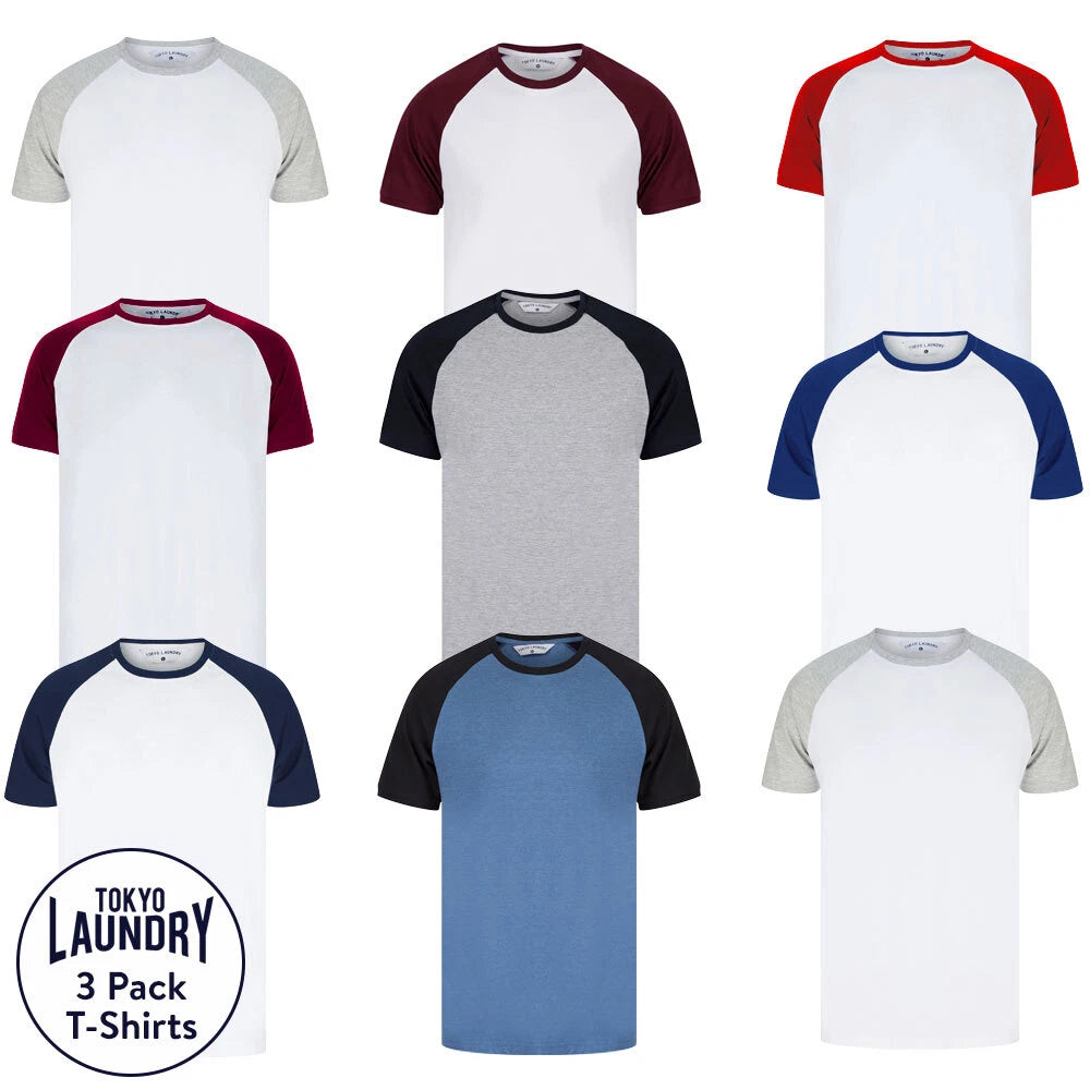 Tokyo Laundry Men's T-Shirt Multi Pack of 3 Raglan Sleeve Cotton Baseball Top