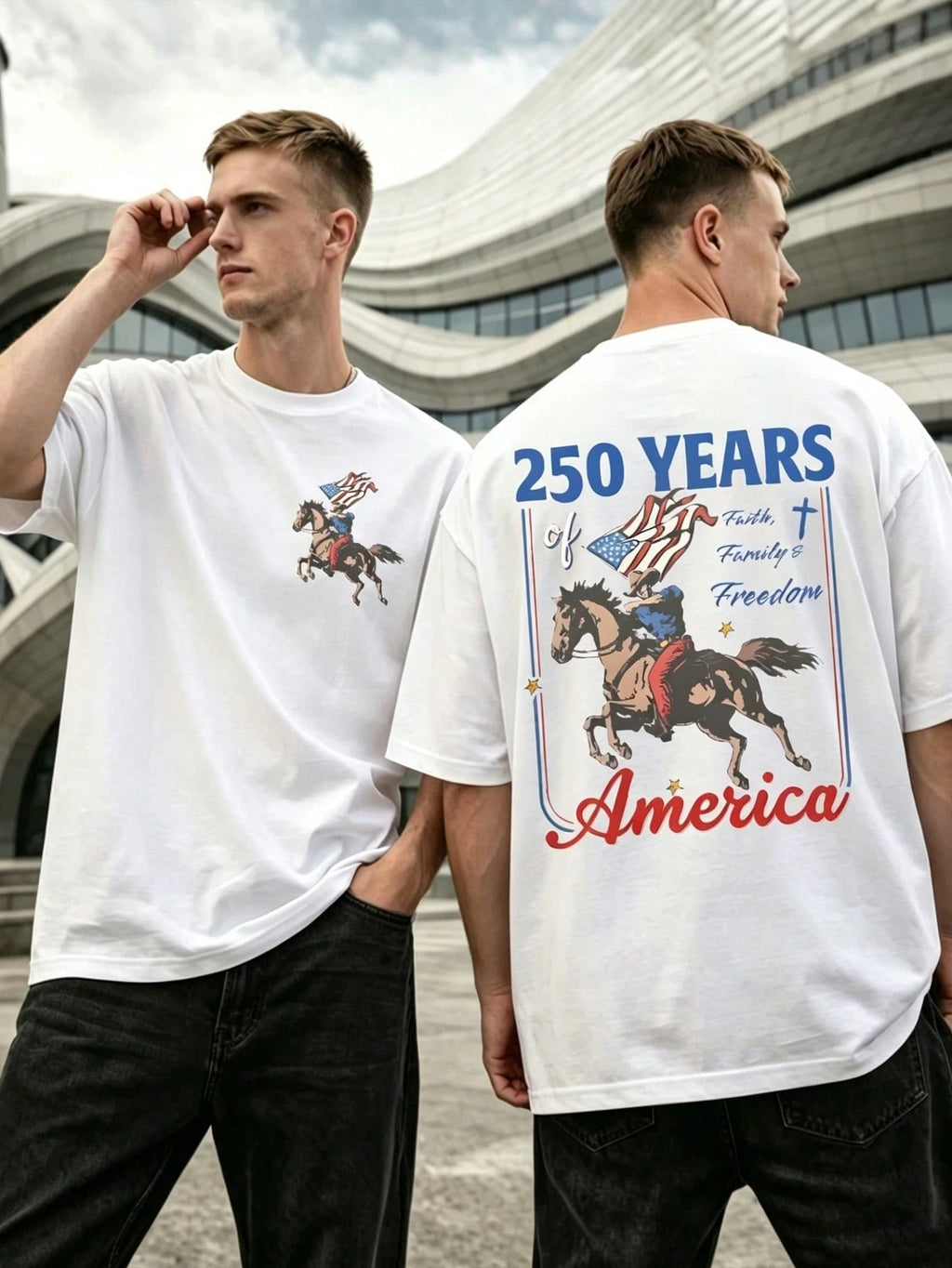 USA 250 Years Of America Cowboy Horse Graphic T-Shirt, Faith Family Freedom Tee