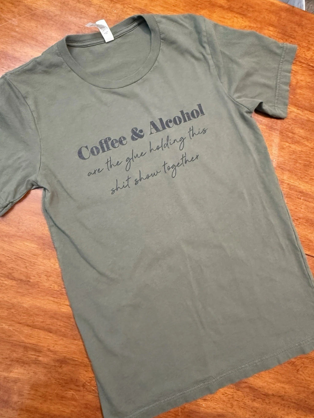 Bella Canvas Mens Small Olive Green Coffee & Alcohol Graphic T-Shirt S 0553
