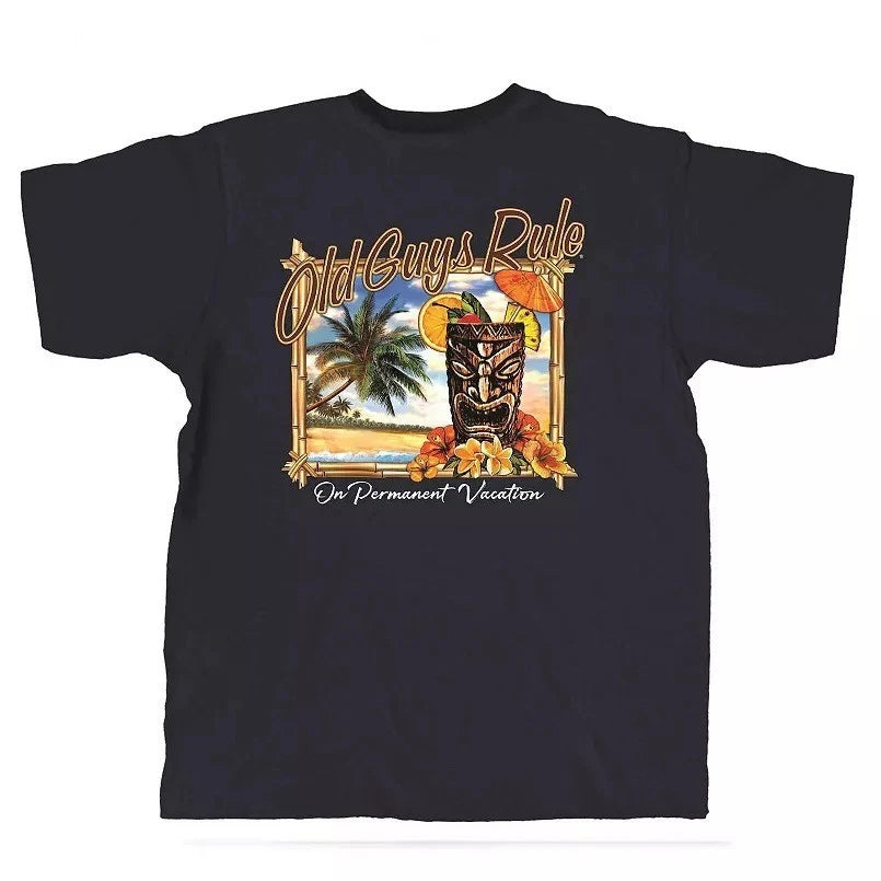 New OLD GUYS RULE T SHIRT PERMANENT VACATION, TIKI, NAVY BLUE