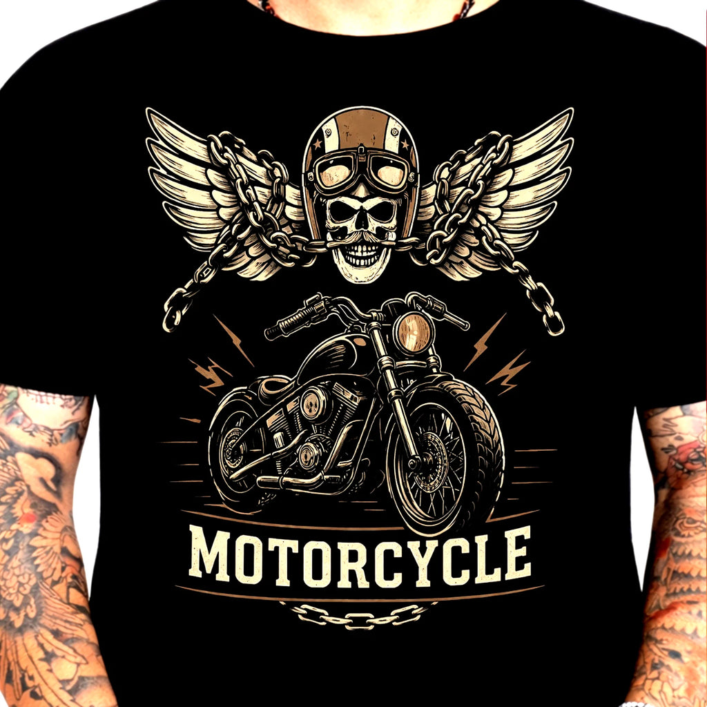 Winged Skull Motorcycle T-Shirt Biker Chopper Lightning Chain Gothic Graphic Tee