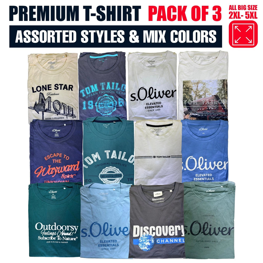 Men's Big Size Printed T-Shirts 100% Cotton Pack of 3 Assorted Brand Top 2XL-5XL