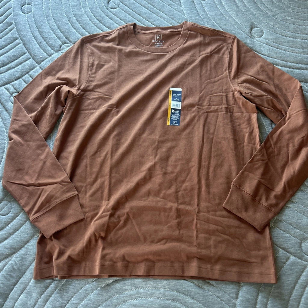 George Men's Crew Neck Long Sleeve T-Shirt Adobe Brown Size L (42-44) NWT