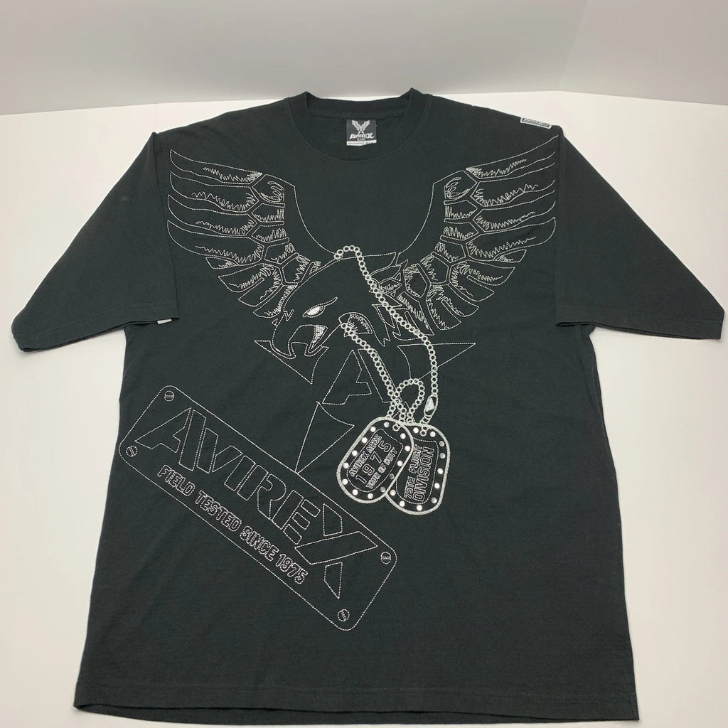 Vintage Avirex T-Shirt Y2k Eagle Dog Tag Black Oversized Tee Mens Size 3XL