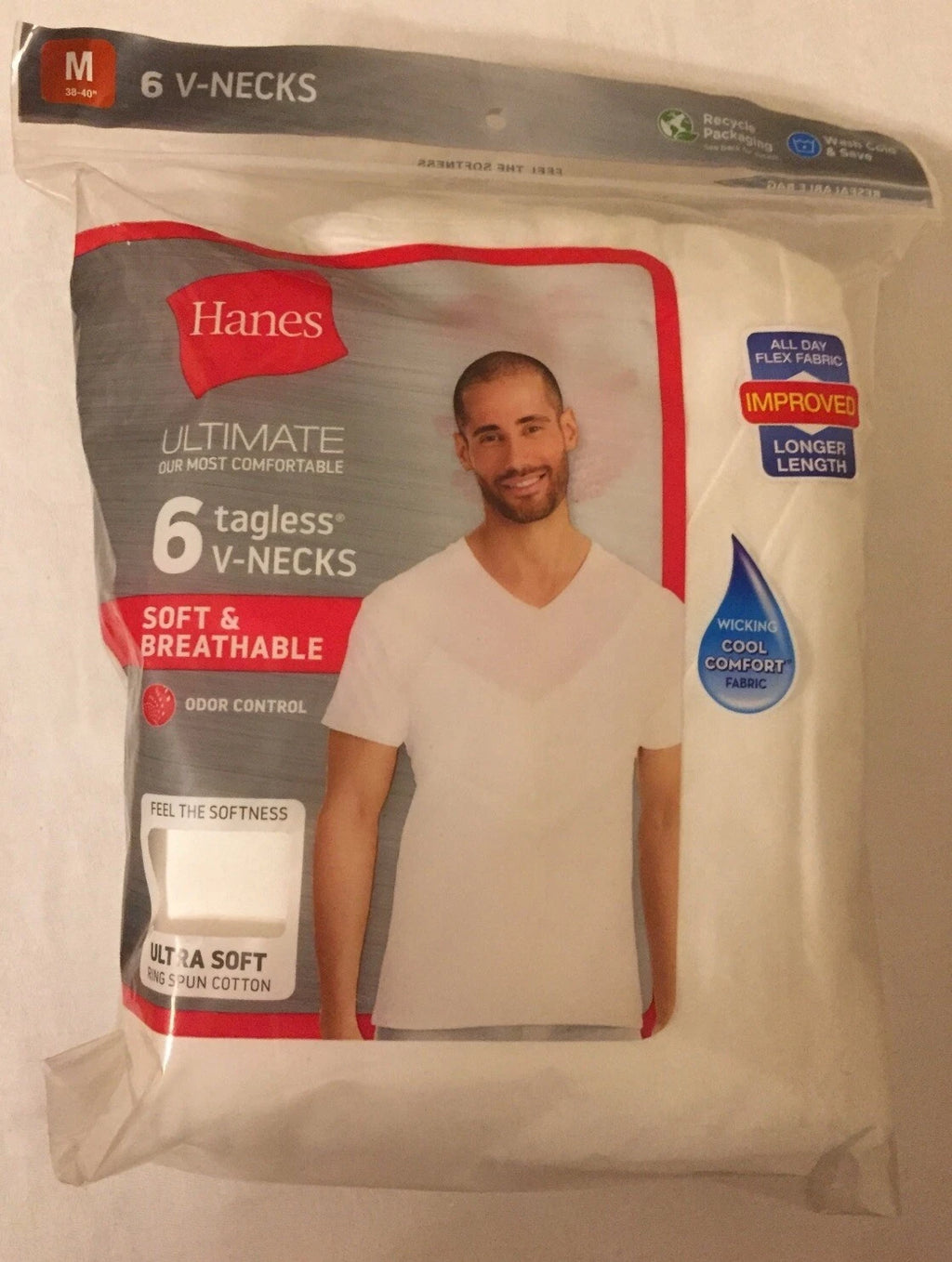 NWT Hanes 6 In Package V Neck Shirts T Tee Ultimate Men White Medium 100% Cotton