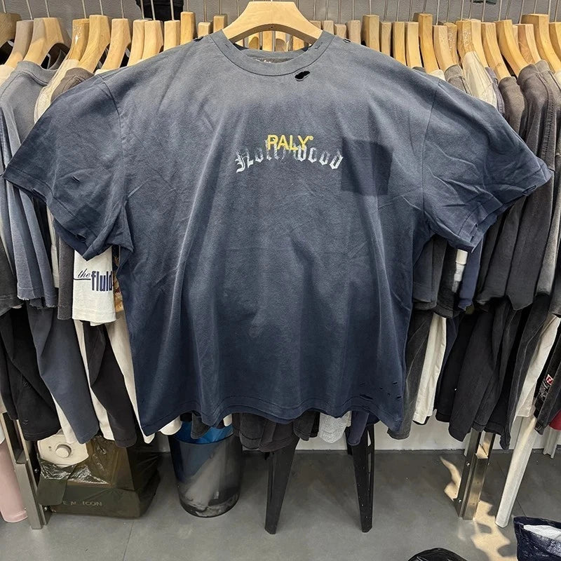 Faded Hollywood Motorcycle Font Paly Mens Navy Blue Cotton T Shirt