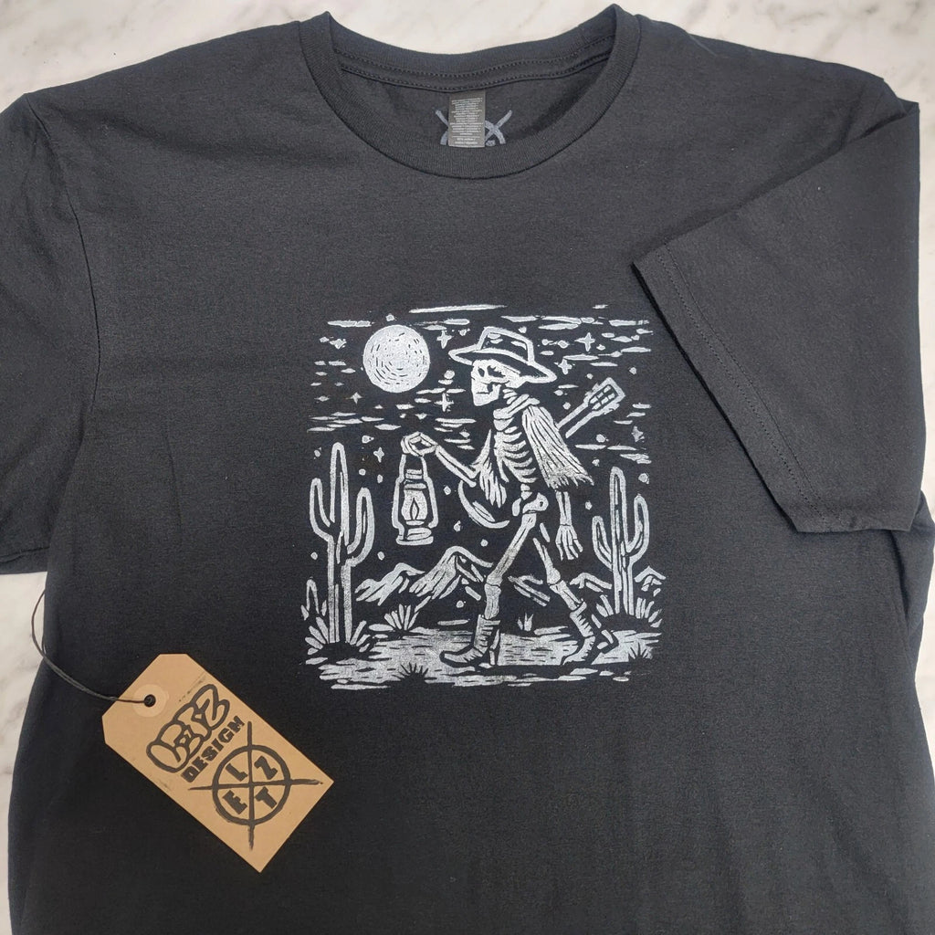 Desert Night Cactus Skeleton Cowboy T-Shirt Hand Printed Lino Printed