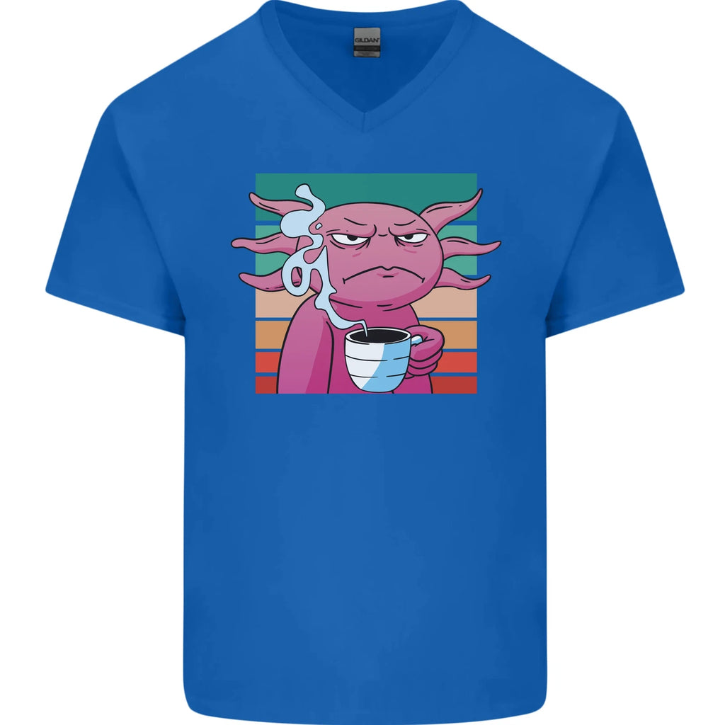 Grumpy Axolotl With Coffee Mens V-Neck Cotton T-Shirt