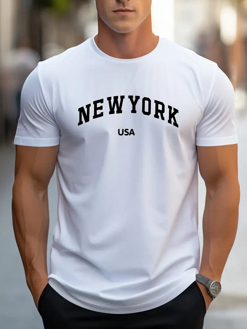 Stylish New York Mens Crew Neck T-Shirt Patriotic Print Short Sleeve Gray New