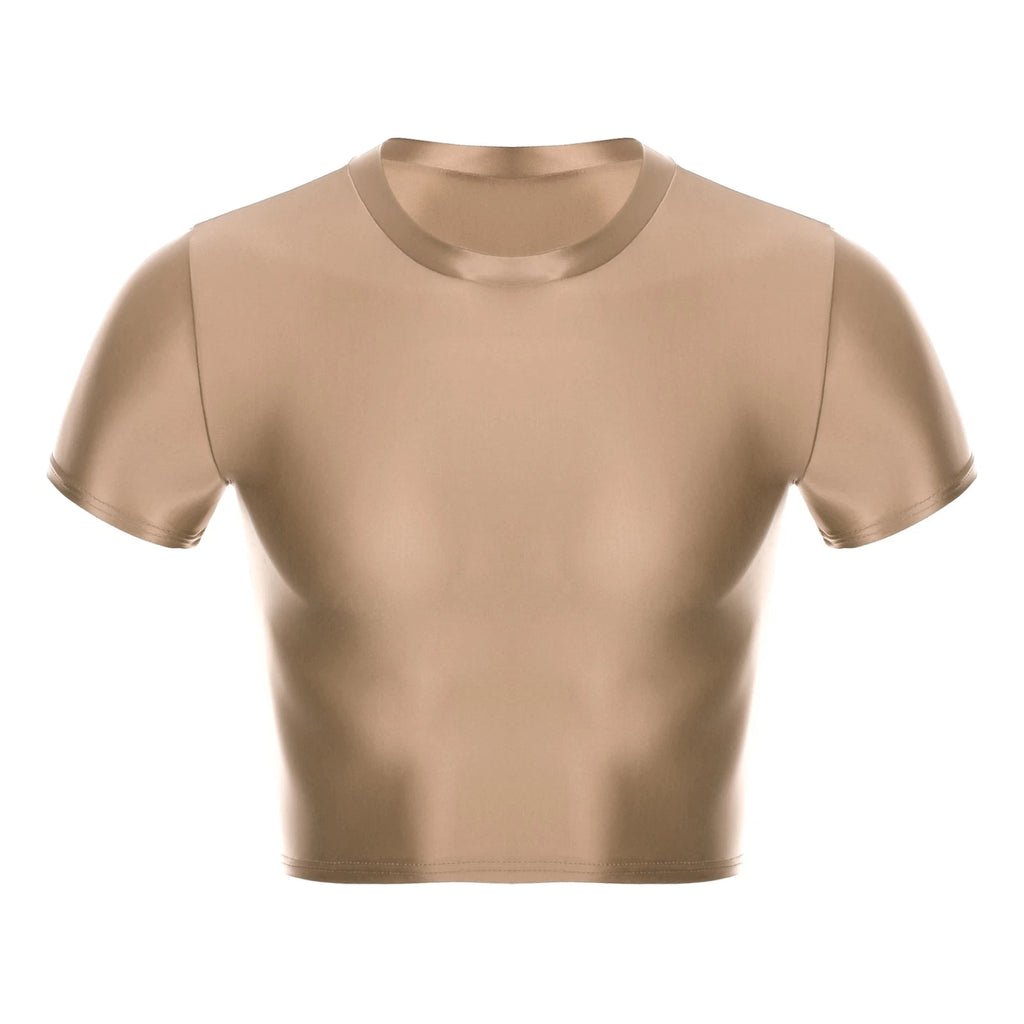Men Glossy Crop Tops Stretchy Casual Short Sleeve T-shirt Muscle Tops Sportwear