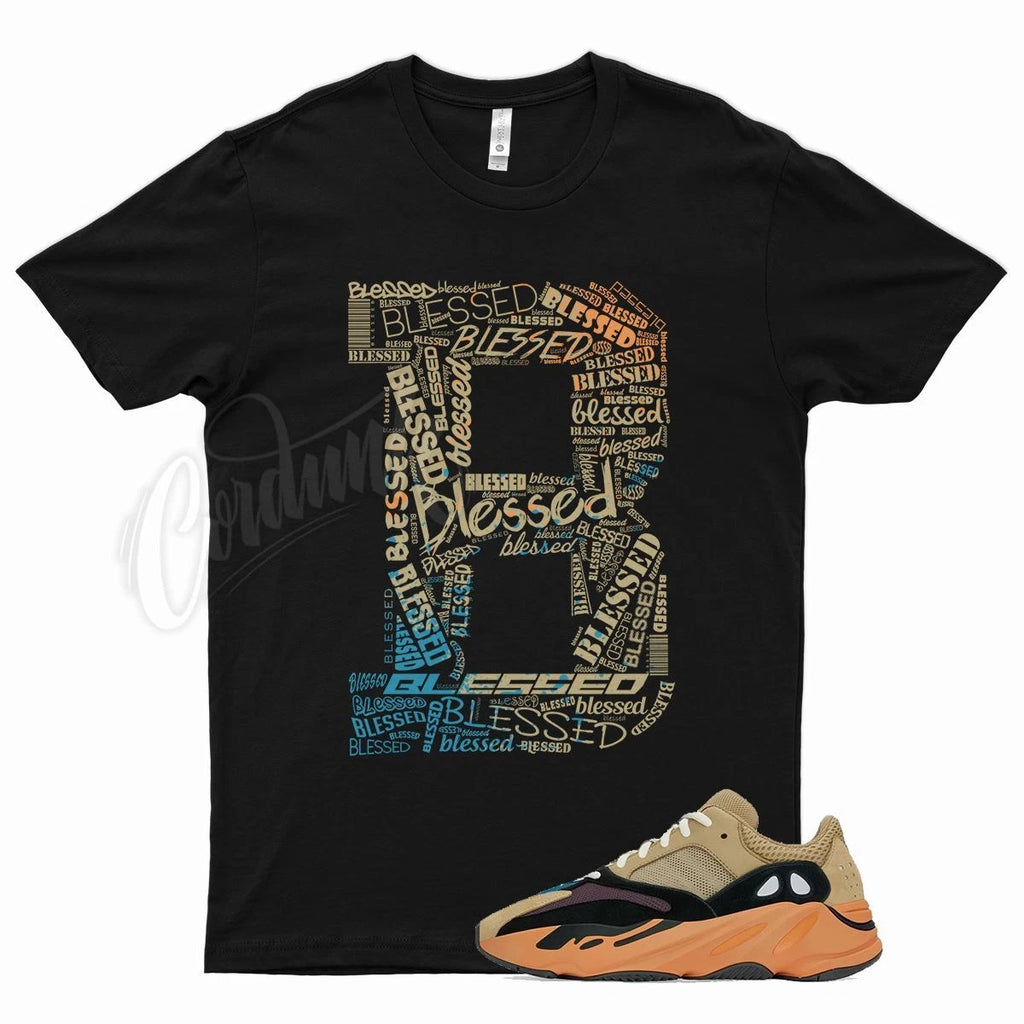 Black BLESSED T Shirt for YZ Boost 700 Enflame Amber V1 Orange Blue Brown