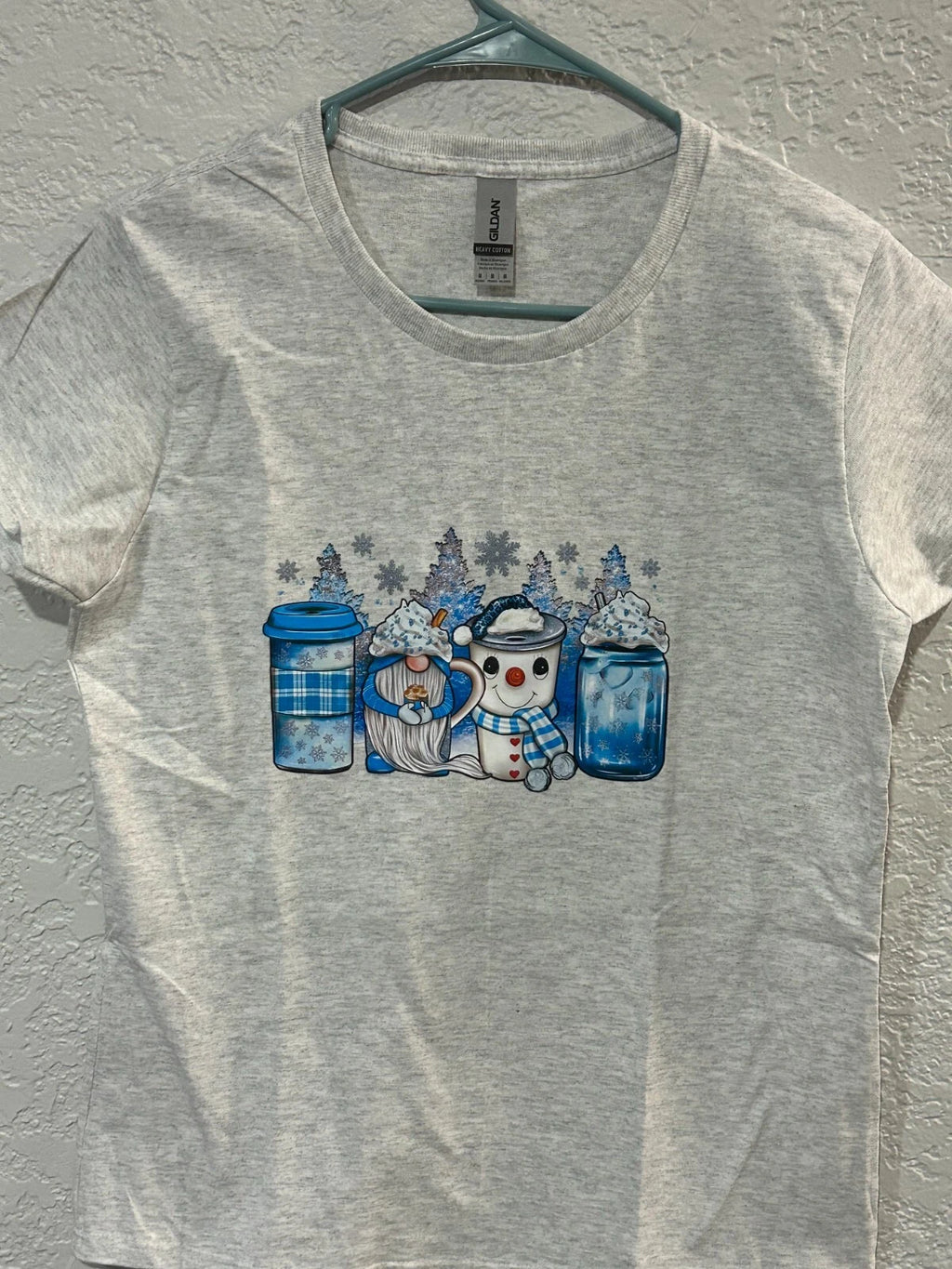 Graphic Tee Shirt- Gildan-Gnome Snowmen, Coffee, Hot chocolate, Trees, Snowflake