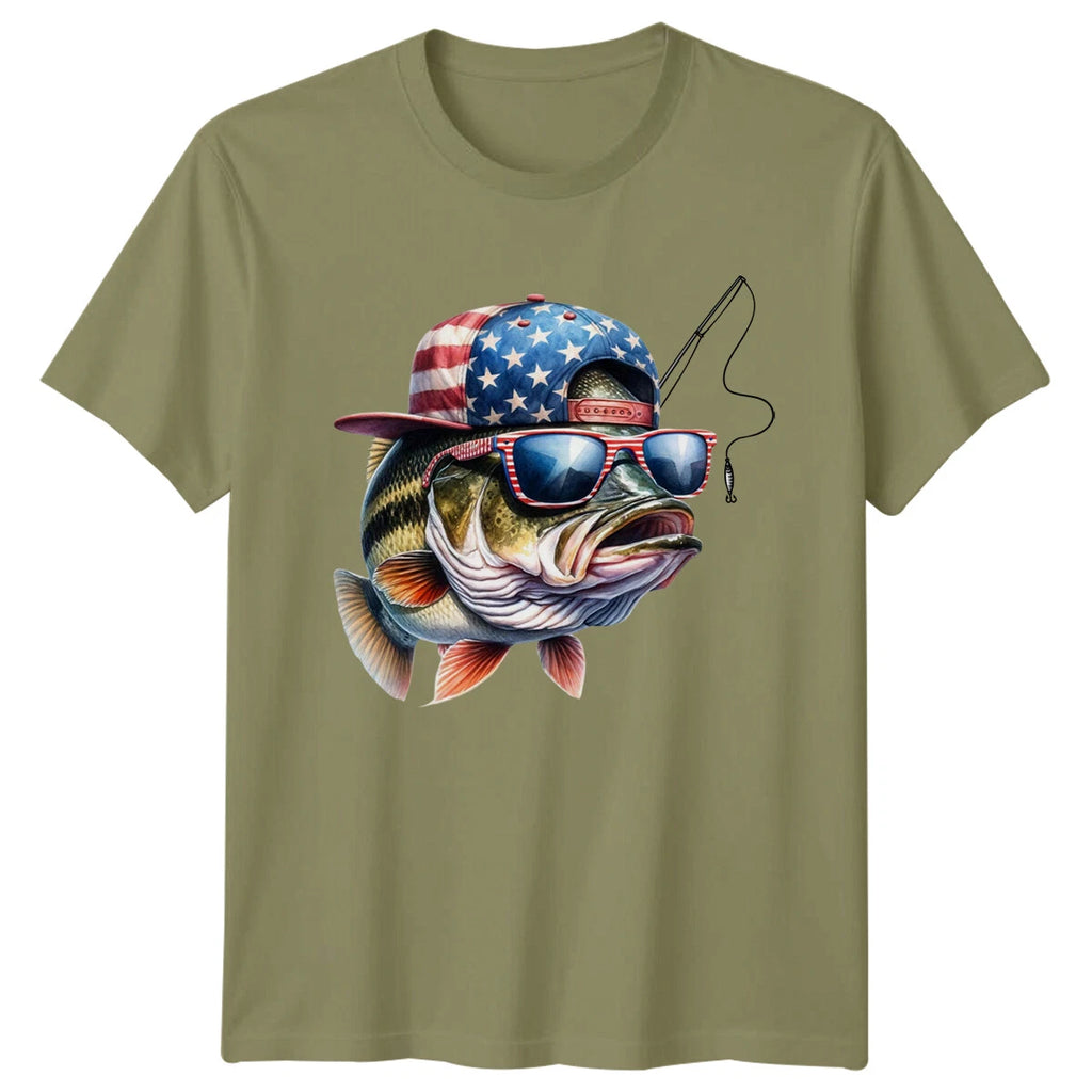 American Bass Fishing Mens T-Shirt Patriotic Angler Tee