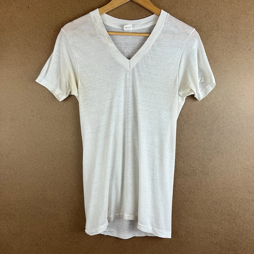 VTG 70s Sheer Kmart Blank White V-Neck Shirt XS USA Combed Cotton