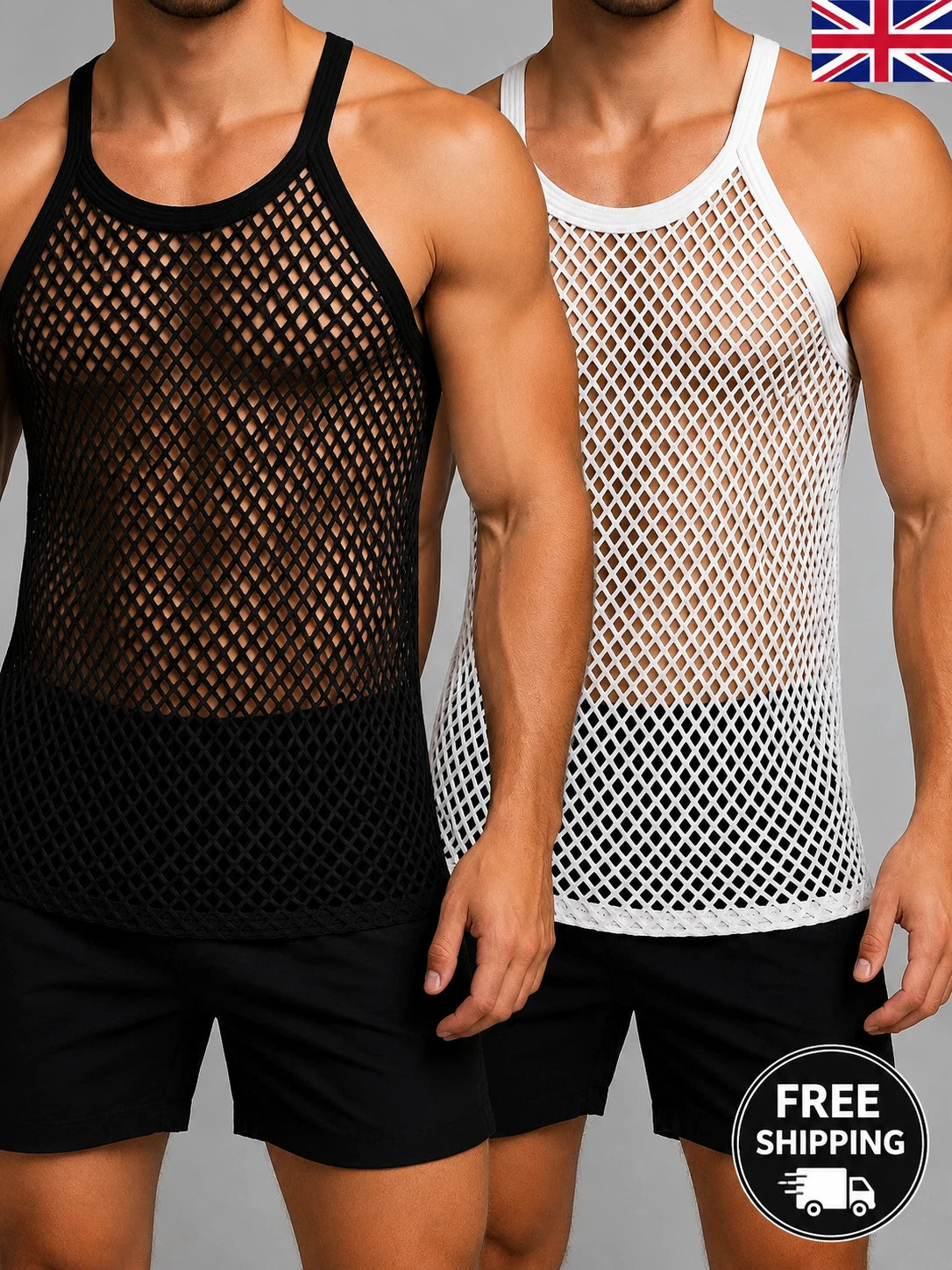 Men's String Mesh Vest XL 100% Cotton Gym Tank Top Fit Muscle Black White