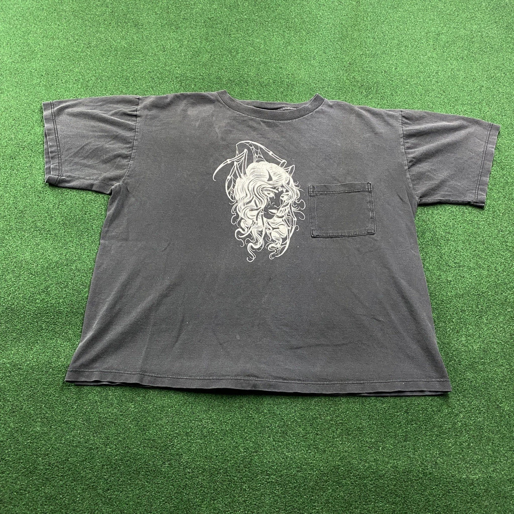 Vintage Devil Girl Shirt Mens M Black 90S Horns Wings Boxy Faded Pocket Tee Tee