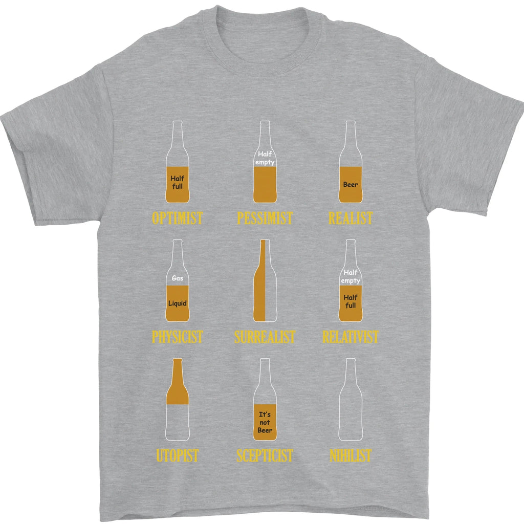 Optimism Pessimism Beer Alcohol Funny Mens T-Shirt 100% Cotton