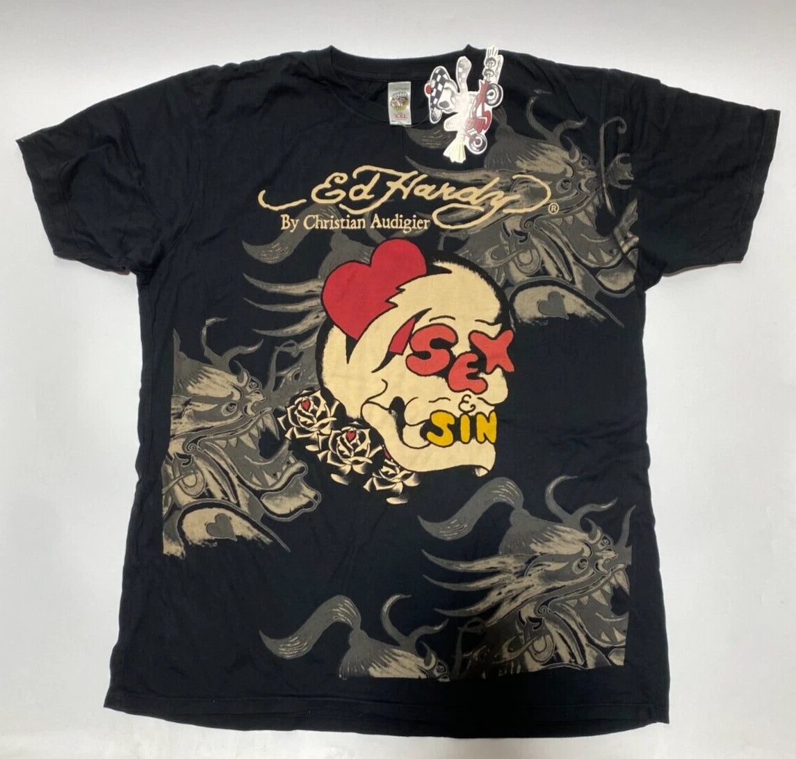 Authentic New Vintage Men's Ed Hardy T-shirt Sex/Sin Black Size: S or 2XL