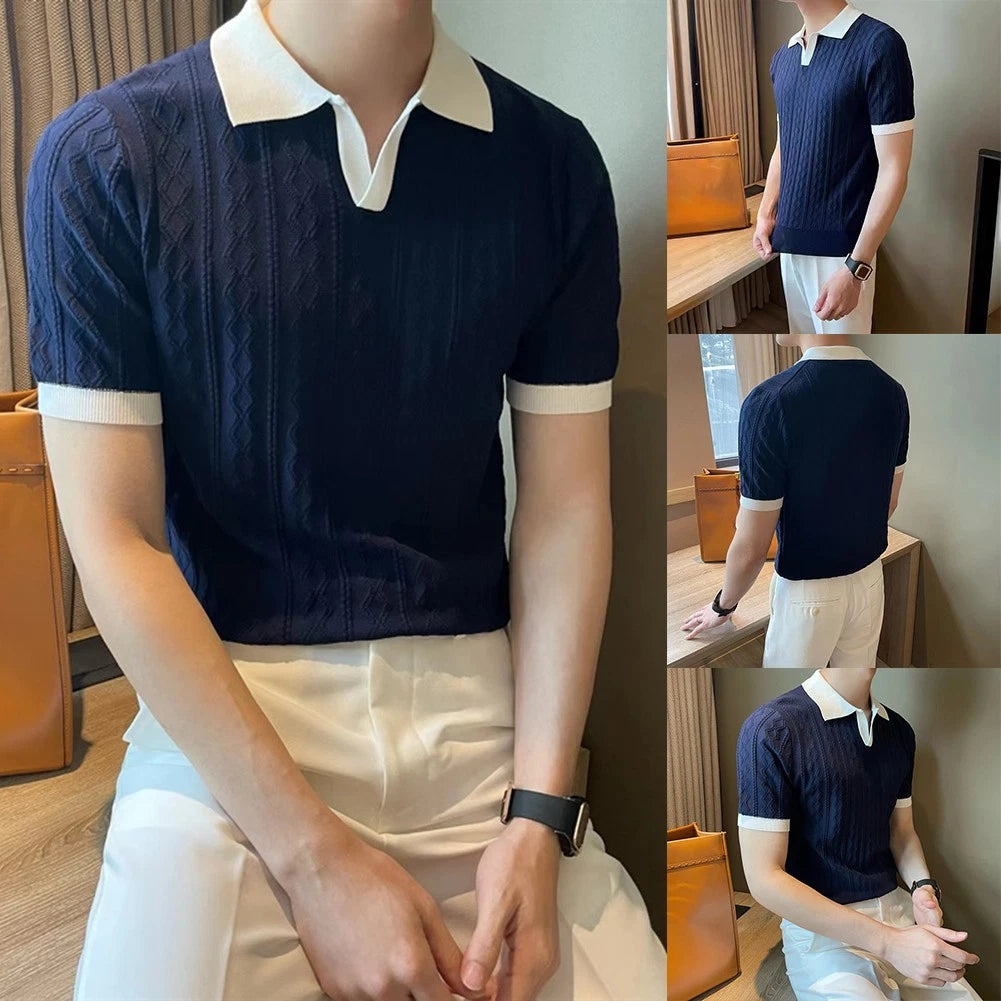 Fashionable Men's Short Sleeve Color Block Knitted Tee for Street Style