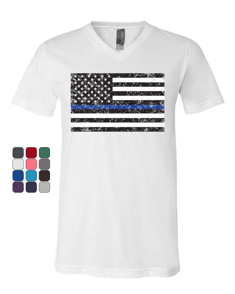 American Flag Thin Blue Line V-Neck T-Shirt Police USA Law Enforcement Tee