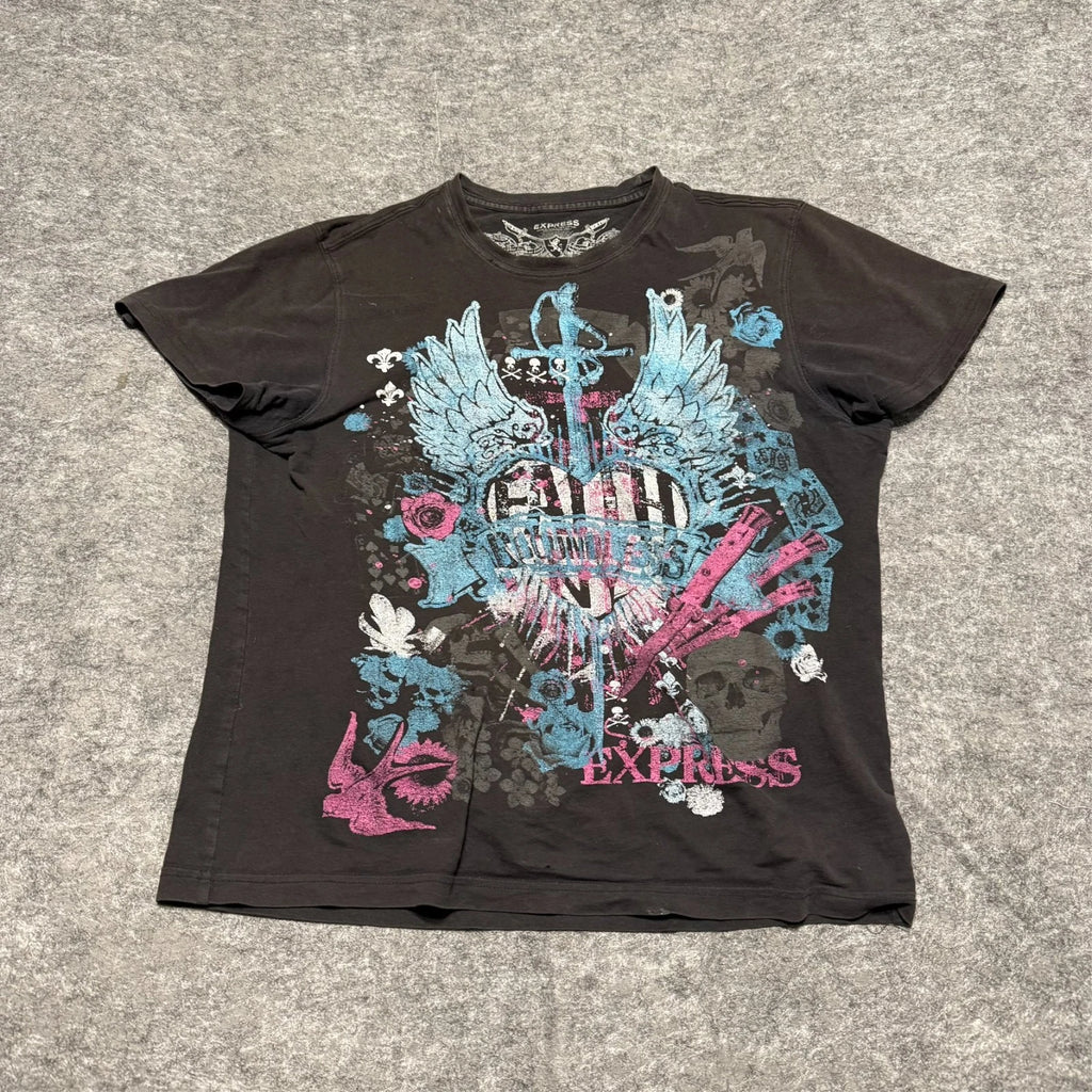 Vintage Express Mens T-Shirt Size M Black Faded All Over Print Affliction Style