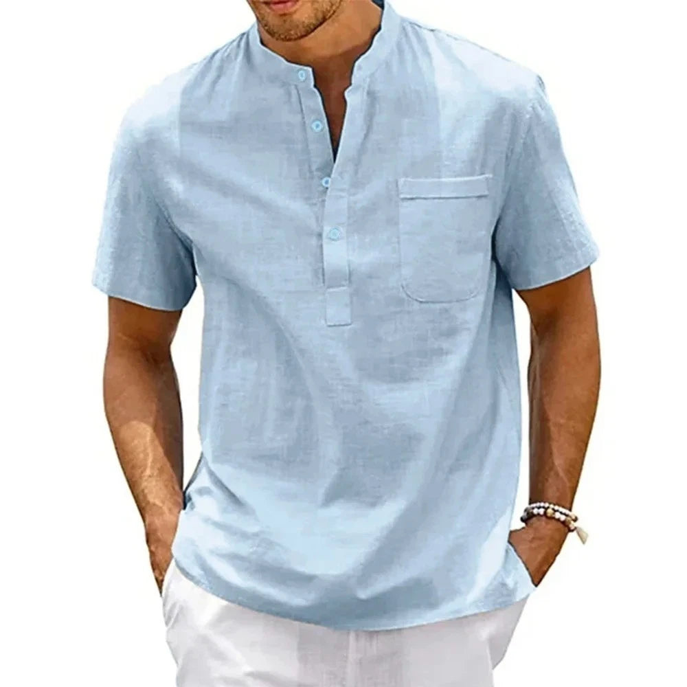 Mens Cotton Linen Shirt Henley Neck Short Sleeve Pocket Casual Beach Top T-shirt