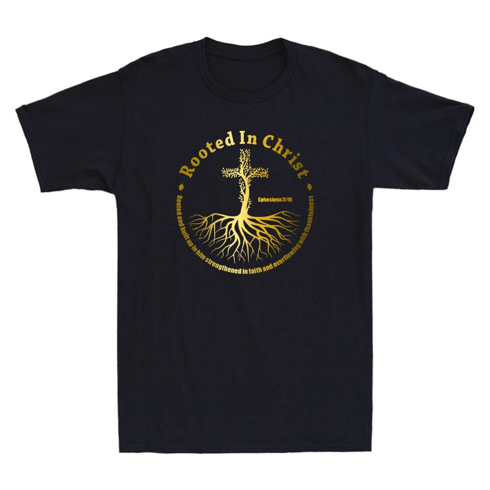 Rooted In Christ Jesus Cross Pray Bible Verse Christian Golden Print Men T-Shirt
