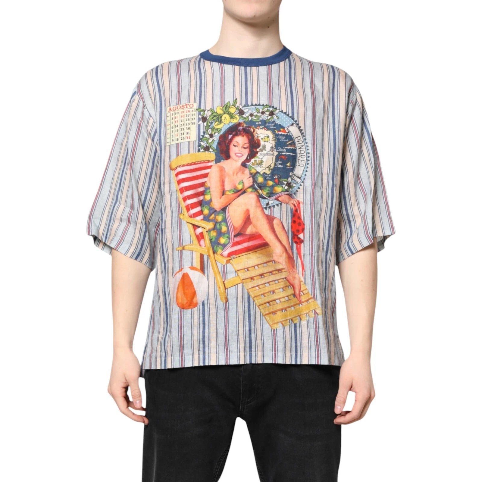 DOLCE & GABBANA T-shirt Multicolor Striped Pin Up Linen Round Neck IT48/US38/M