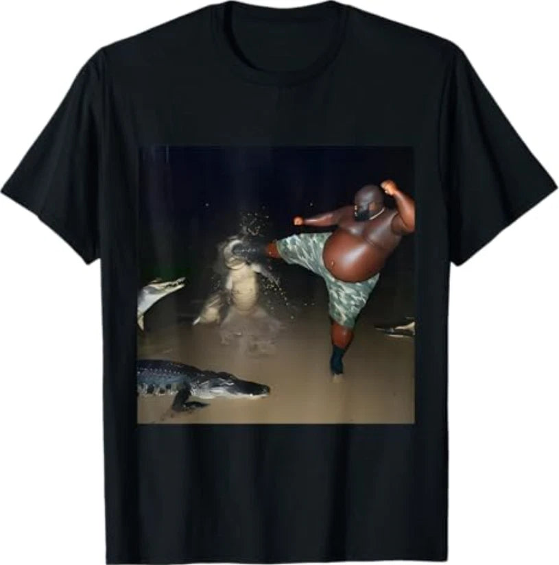 Man Kick Alligator in Swamp Funny Oddly Specific Meme T-Shirt