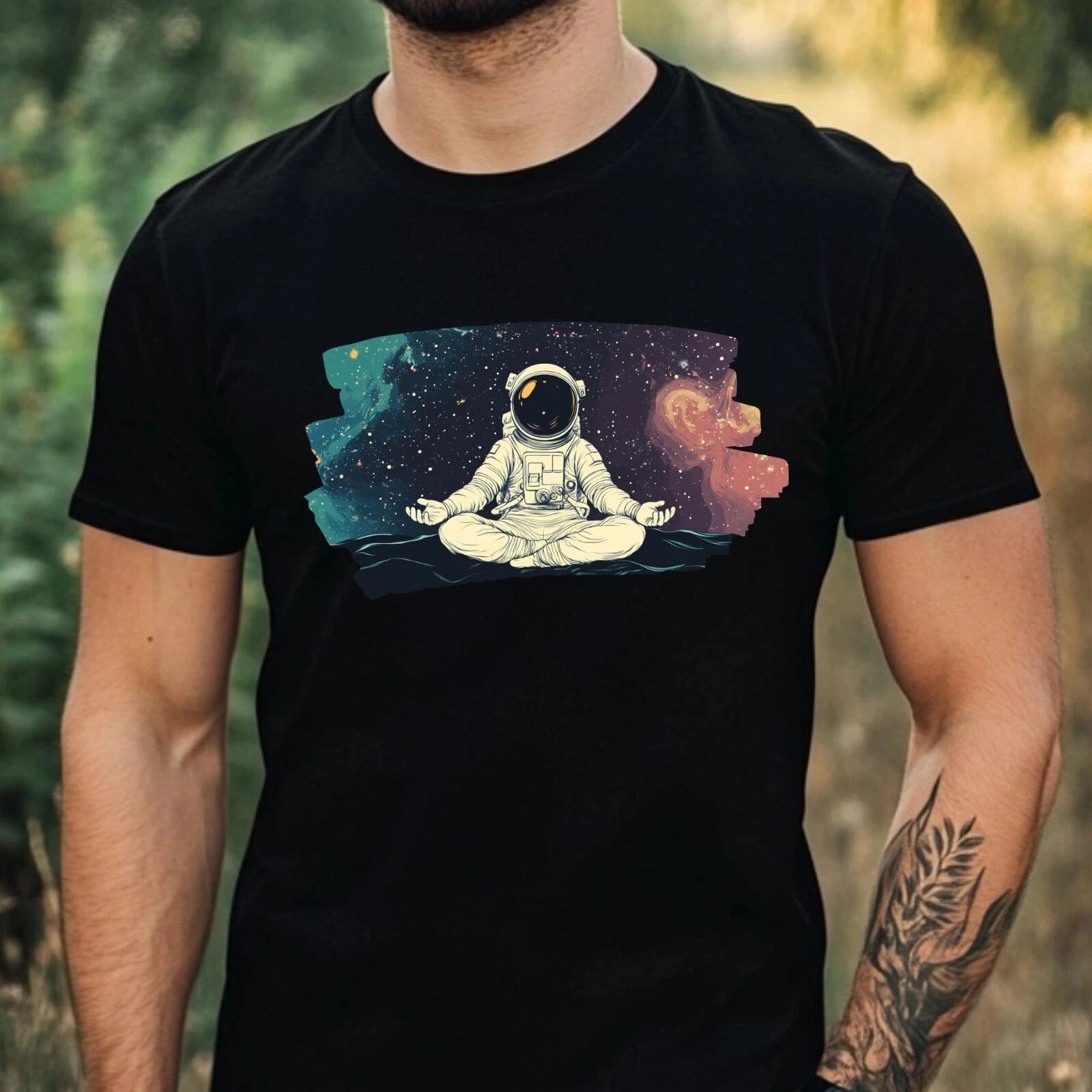 Mens Meditating Astronaut Motif Cotton T-Shirt Size XS to 5XL
