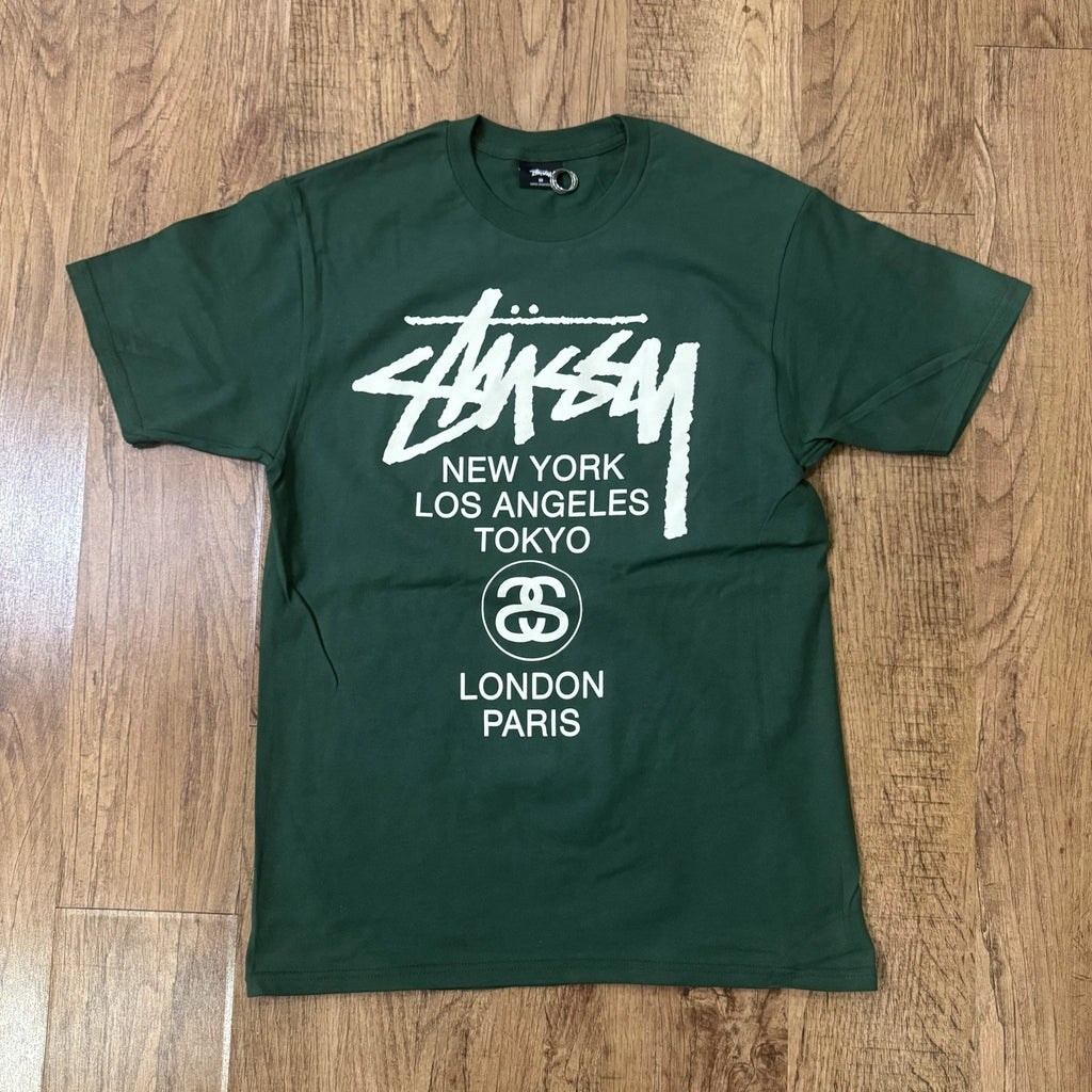 Stussy Men's Medium World Tour Short Sleeve Forest Green Tee T-Shirt NWOT